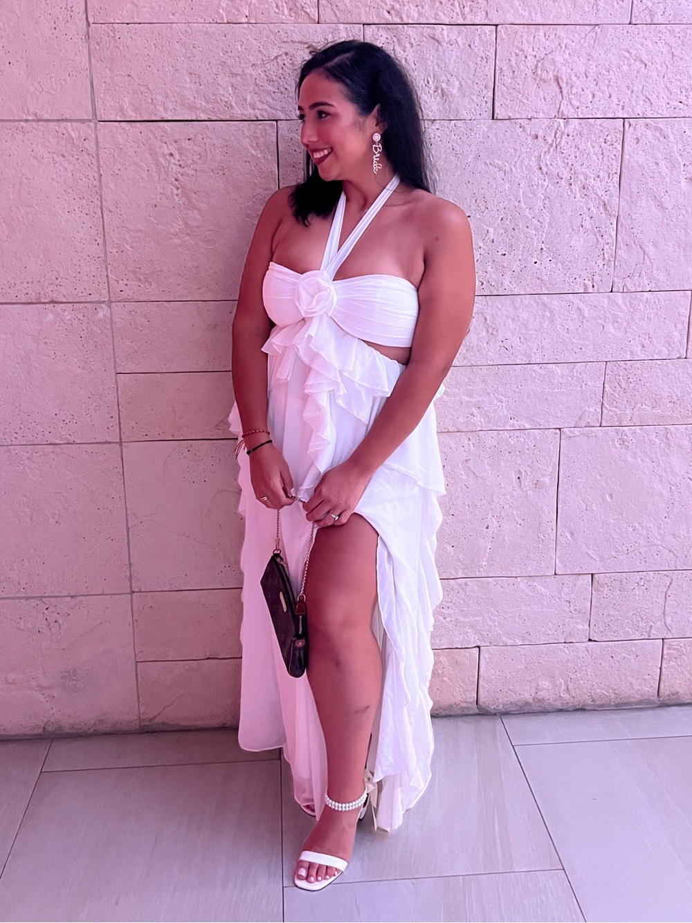 Fashion Nova Ivory Halter Ruffled Maxi Dress